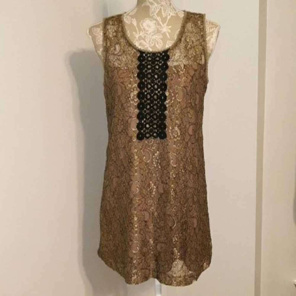 C Luce Lace Overlay Dress Black Embellishment Button Back Women's Size M‎